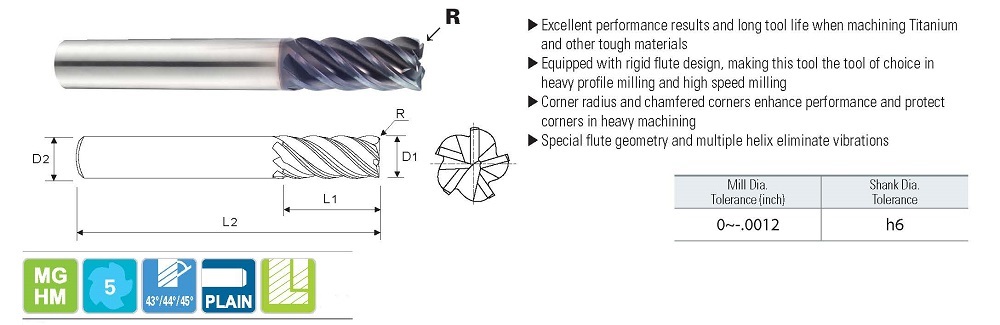 R 0.01 YG1 JAG98920 Diameter x 1/2 Shank x 5/8 LOC x 4 OAL Alu-Power Neck H-37 3 Flute Coated High Performance Carbide Corner Radius End Mill 1/2 
