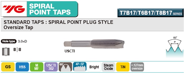 5/16 Size YG-1 TCE445C Super HSS Spiral Point Combo Tap with Short Chamfer for Stainless Steel TiCN Finish 18 UNC Thread per Inch 5/16 Size